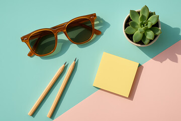 Stylish sunglasses, yellow pencils, sticky note, and green succulent on colorful pastel background, minimalist desk flat lay