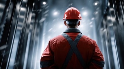Obraz premium A man in a red jacket and a hard hat is standing in a dark room