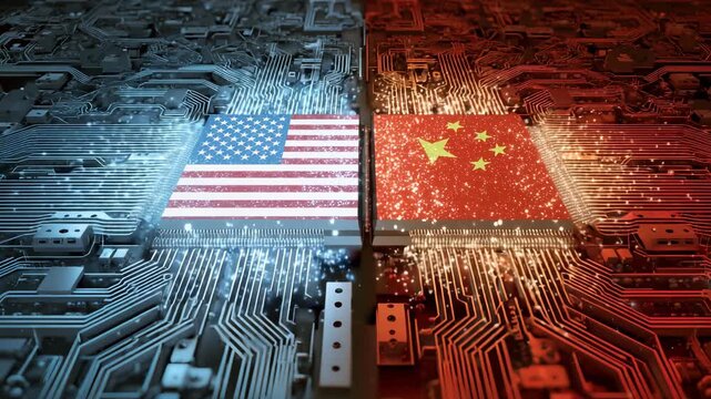 Digital artwork showing USA and China flags split across a circuit board, representing technological rivalry, cyber competition, and global digital conflict