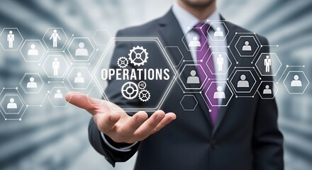 Professional executive presents operations management concept with digital overlay of gears and people, symbolizing teamwork, leadership, and strategic direction.