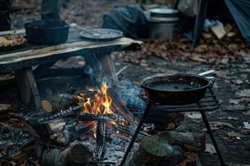 Campfire burning under cast iron pans in a forest setting