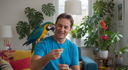 Fototapeta na wymiar Man feeding a blue and gold macaw parrot perched on his shoulder in a plant filled living room
