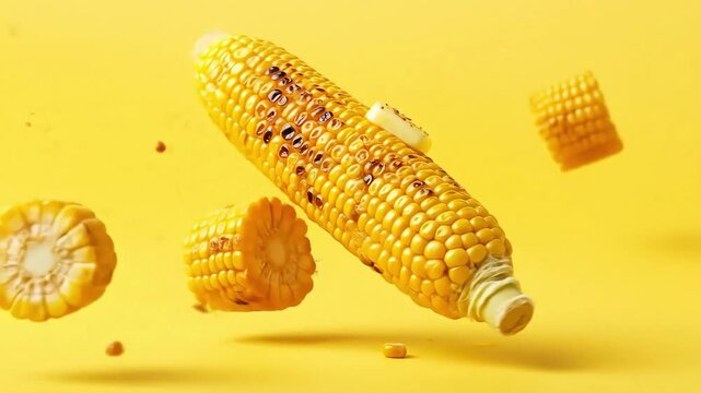 Grilled corn cob with butter surrounded by sliced corn against a vibrant yellow background