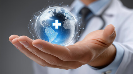 Hand holding glowing globe with medical cross symbol, representing global health and care, showcasing importance of healthcare worldwide