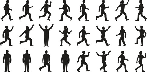 Silhouette people walking running set. Movement, activity, fitness vector illustration