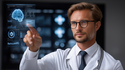 Doctor interacts with digital interface displaying brain scans and health data, showcasing advanced medical technology and innovation