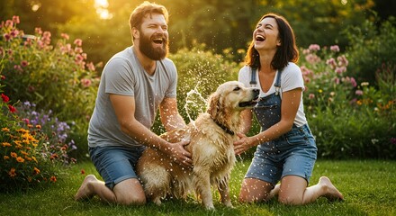 A couple washing their golden retriever dog in a garden laughing and having fun on a sunny day