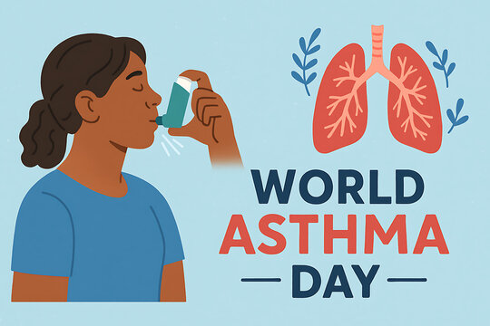 World asthma day illustration with woman using inhaler and lungs icon, respiratory health awareness and prevention concept