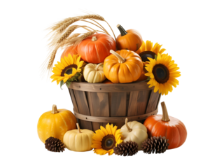 A festive autumn harvest basket with pumpkins, sunflowers, and wheat isolated on transparent background