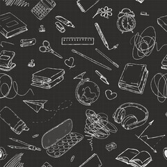Black and white hand-drawn seamless doodle pattern on checkered paper with sketch-style illustrations of school supplies.