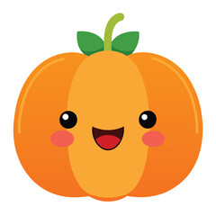 Adorable kawaii style pumpkin character with rosy blushing cheeks and a friendly open mouth perfect for halloween celebrations and autumn themes