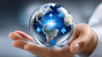 Hand holds transparent globe showcasing digital map with health symbols, representing global healthcare and technology