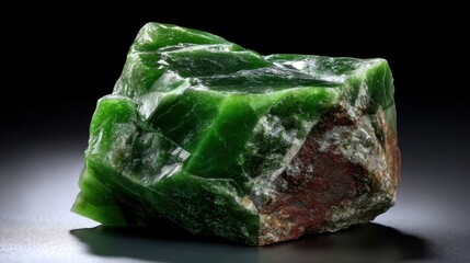 A large green rock sits on a dark surface