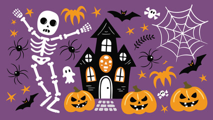 Halloween themed image featuring a haunted house, skeleton, pumpkins and bats on a purple background