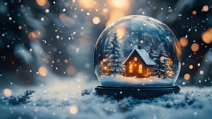 Magical snow globe with glowing cabin among snowy pine trees at night, warm light in windows, bokeh lights and snowflakes creating cozy winter atmosphere.
