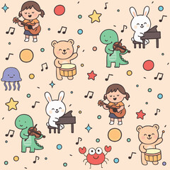 Playful seamless pattern featuring adorable animals and children playing musical instruments like guitar, piano, drums, and violin. Includes colorful stars, notes, and ocean creatures on a pastel