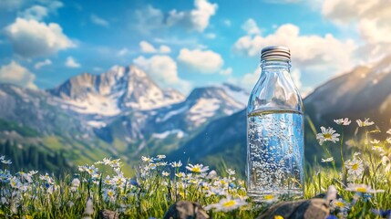 Refreshing Mountain Landscape with Bottle of Spring Water for Hydration Concept