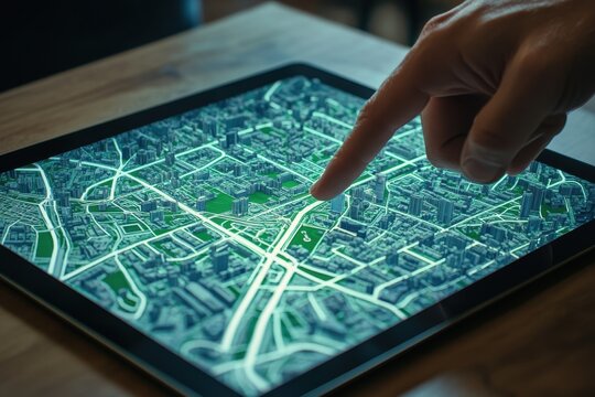 User Interacting with Digital City Map on Tablet Device