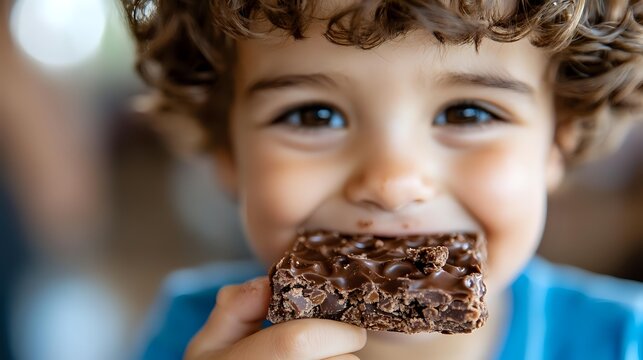 Young child with curly brown hair wearing blue shirt smiling while eating chocolate brownie dessert, close-up portrait showing joy and happiness during sweet treat moment.