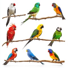 Naklejka premium Vibrant Collection of Colorful Parrots on Branches.