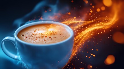 Hot cappuccino in blue ceramic cup with magical glowing steam trails and golden sparkles on dark background, creating atmospheric coffee moment.