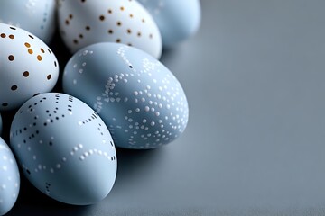 Delicate light blue Easter eggs decorated with white and gold dot patterns arranged on dark background, creating elegant holiday composition for seasonal decor.