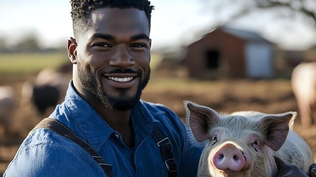 Young African American male farmer in denim shirt smiling while holding pink piglet at sustainable farm with barn and pasture in background during golden hour. - Powered by Adobe