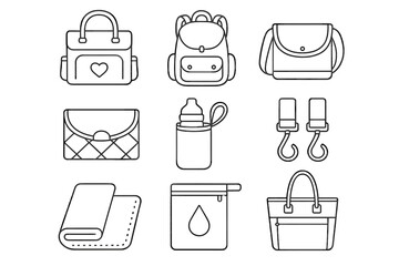 Baby essentials line icon set. diaper bag, stroller, bottle, outline icons collection