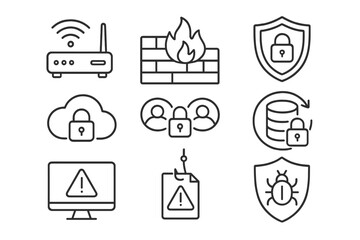 Naklejka na ściany i meble Cybersecurity, network protection line icon set. data security, threat prevention icons