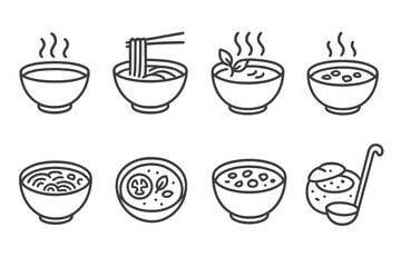Noodle and soup line icon set. asian cuisine, ramen, broth, chowder, graphic icons