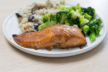 Close-up view of grilled salmon.