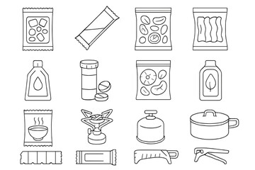 Camping and cooking line icon set for adventure enthusiasts