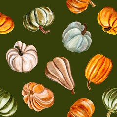Seamless pattern with pumpkins on a dark green background