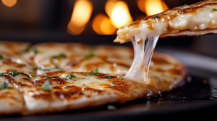 Stretchy melted mozzarella cheese pull from fresh baked pizza slice with herbs and golden crust against blurred warm bokeh lights in restaurant setting.