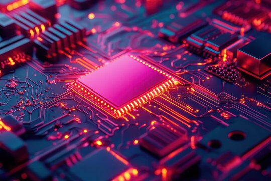 Vibrant Close-Up of Computer Circuit Board with Pink Glow Effects