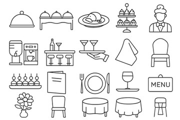 Restaurant and dining outline icon set. food, beverage, hospitality line collection