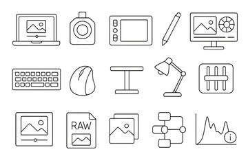 Fototapeta premium Photography, editing outline icon set. camera, laptop, graphic tablet linear icons