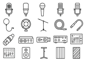 Obraz premium Music equipment outline icon set. microphone, speaker, cable instruments collection