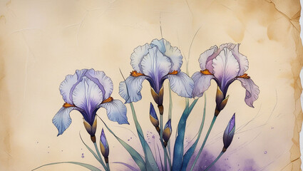 Watercolor iris flower floral botanical illustration art painting drawing blossom bloom petal plant nature garden