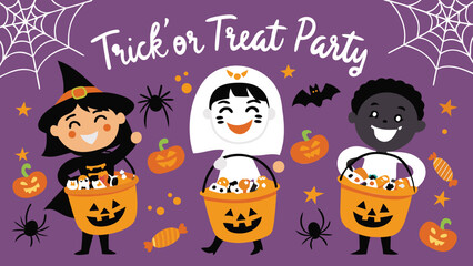 Naklejka premium Illustration of children in halloween costumes with pumpkins and spiders on a purple background