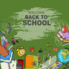 Hand-drawn mockup on a school theme with school supplies in the sketch style.