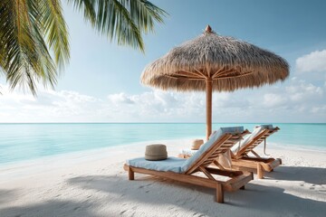 Tropical beach paradise with lounge chairs and straw umbrella