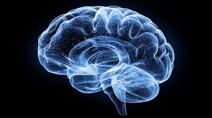 Futuristic blue brain illustration radiating brilliance against a stark black background showcasing complex neurological connectivity for scientific research.