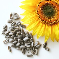 Sunflower with Seeds A vibrant yellow sunflower bloom alongside its harvested seeds, representing growth, harvest, and nature's bounty.