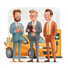 Three men in suits stand in front of a yellow car. One of them is holding a clipboard