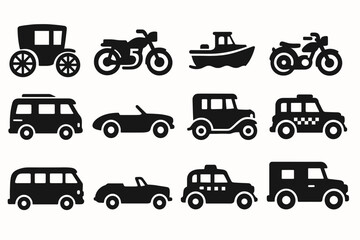 Transport, vehicle solid icon set. cars, bikes, boats solid collection