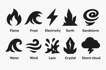 Fototapeta premium Elements solid icon set. flame, frost, electricity, and earth icons collection