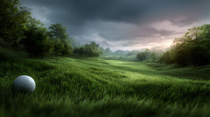 Serene golf course landscape with rolling green hills under dramatic sky
