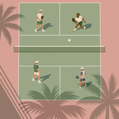Illustration of four players playing pickleball on a court surrounded by palm shadows in a sunny tropical setting