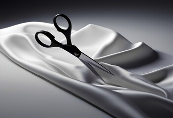 An open pair of scissors hovers in the air over a piece of light fabric, copy space.